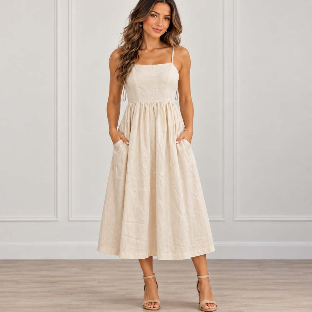 Every XS NWT Ivory Linen Blend Maxi Dress Pockets Open Back Cottagecore